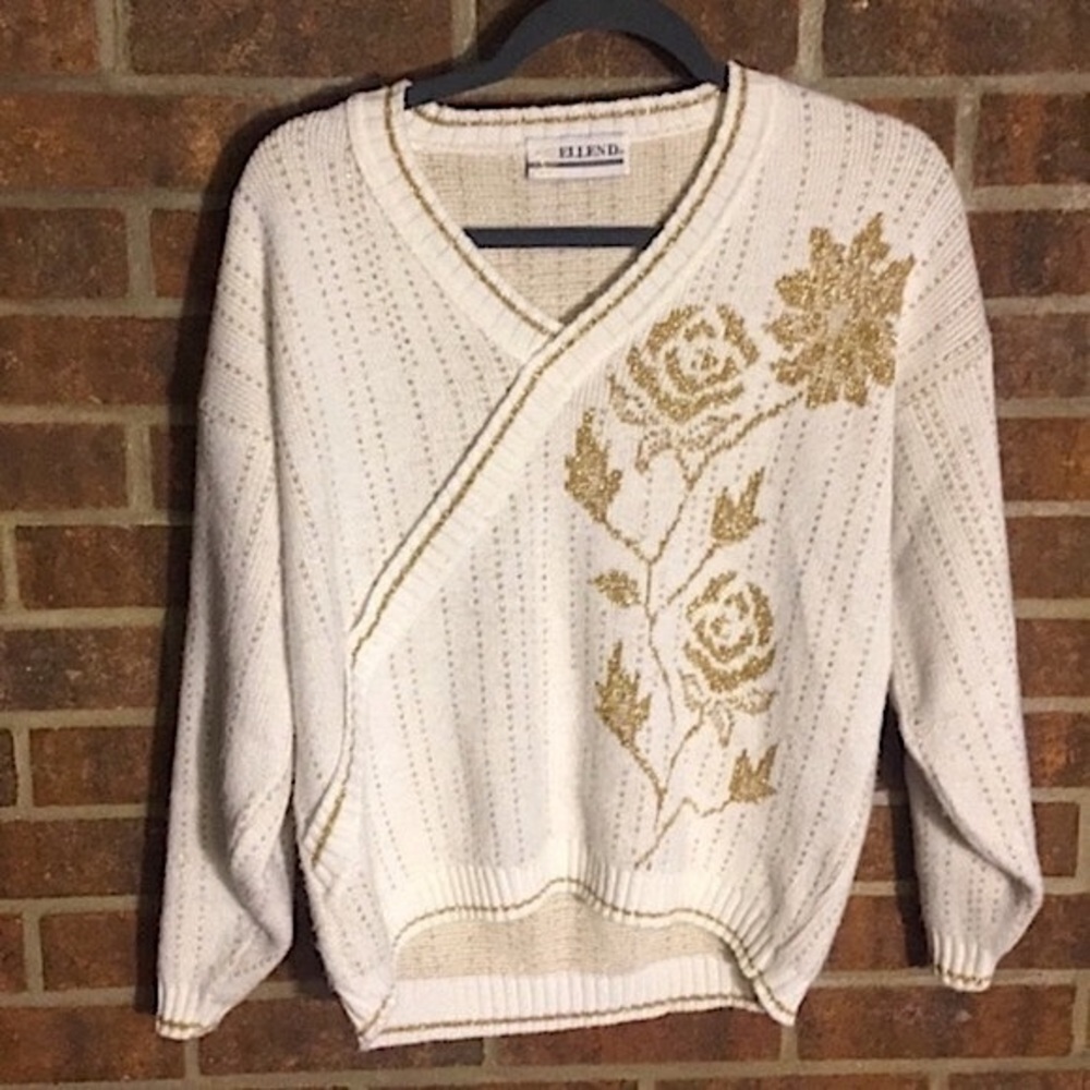 Vintage Faux Wrap Knit White & Gold Sweater